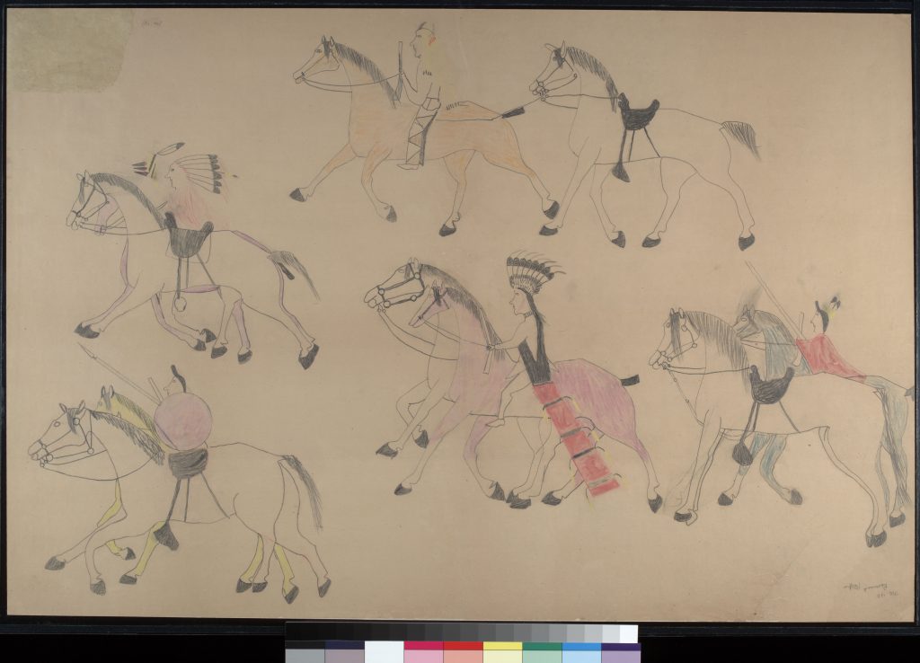 Red Horse (Minneconjou Lakota Sioux, 1822-1907), Untitled from the Red Horse Pictographic Account of the Battle of the Little Bighorn, 1881. Graphite, colored pencil, and ink. NAA MS 2367A_08571100. National Anthropological Archives, Smithsonian Institution